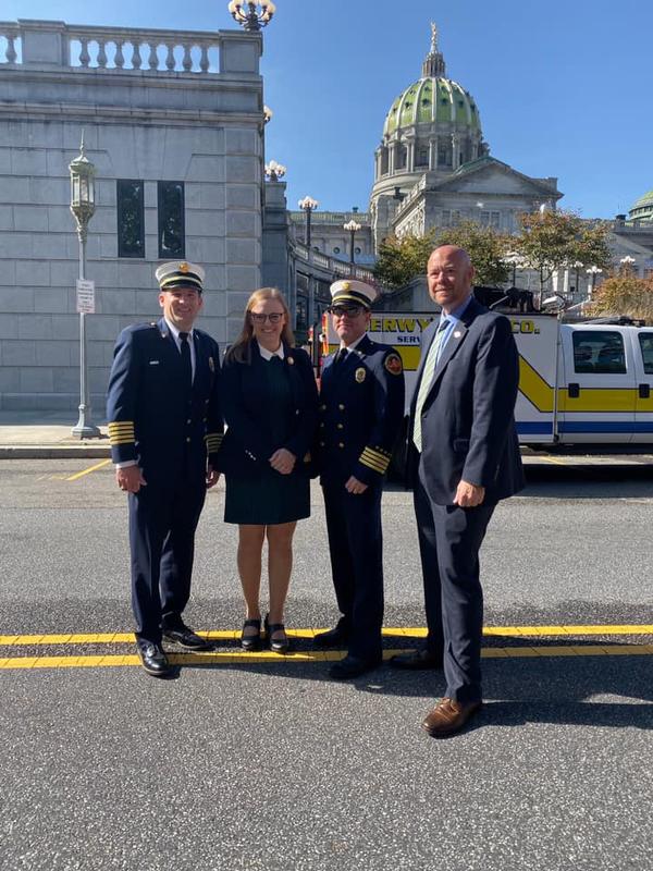 (L-R) Fire Chief Eamon Brazunas, PA State Rep. Jennifer O'Mara, Deputy Chief Justin Brundage and Chester County Dept. of Emergency Services Director of Operations George 'Beau' Crowding attending an SR 6 Fire/EMS Report press conference in 2019.